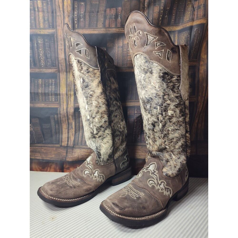 Women's Brown Two-Tone Haircalf Western Heeled Boots